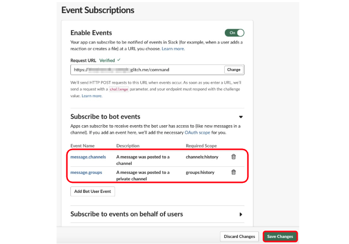 SlackのEvents APIでハンドリングするEventの種類をSubscribe to bot eventsで追加する